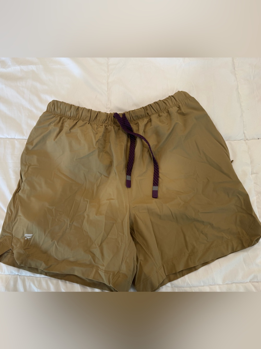 Fabletics Men's Athletic Shorts in Olive with Purple Drawstring